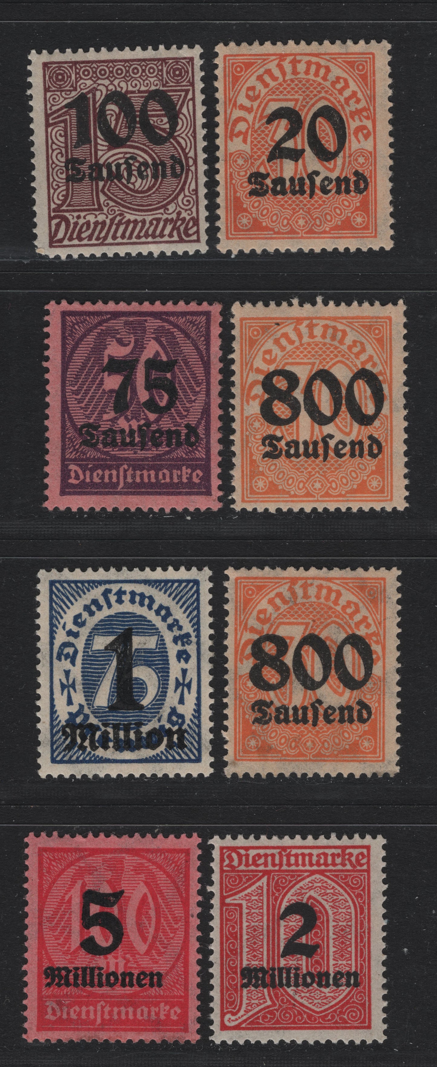Lot 297 Germany SC#O30/O39 (90/98) 20thm on 30pf - 5mil on 100m Brown Orange on Buff - Rose Red on Rose , 1923 Surcharged Official Issue, F/VFNH Singles