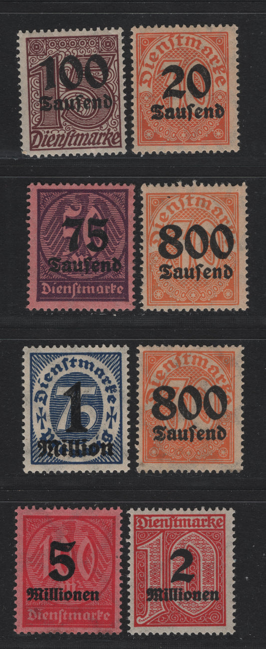 Lot 297 Germany SC#O30/O39 (90/98) 20thm on 30pf - 5mil on 100m Brown Orange on Buff - Rose Red on Rose , 1923 Surcharged Official Issue, F/VFNH Singles