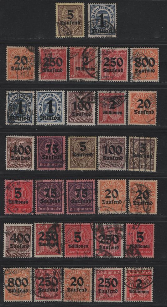 Lot 300 Germany SC#O29/O39 (89-98) 5thm on 5m - 5mil on 100m Sienna on Yellow - Rose Red on Rose , 1923 Surcharged Official Issue, Fine/Very Fine Used Singles, Posthumous, CTO or Forged Cancels, Ideal For A Reference Collection