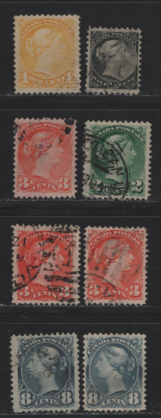 Lot 3 Canada #34b, 35, 41, 36i, 44b 1//2c - 8c Gray Black - Slate Queen Victoria, 1870-1897 Small Queen Issue, 8 Very Fine Used Singles, A Selection of Second Ottawa Printings, Unchecked As To Paper & Perfs