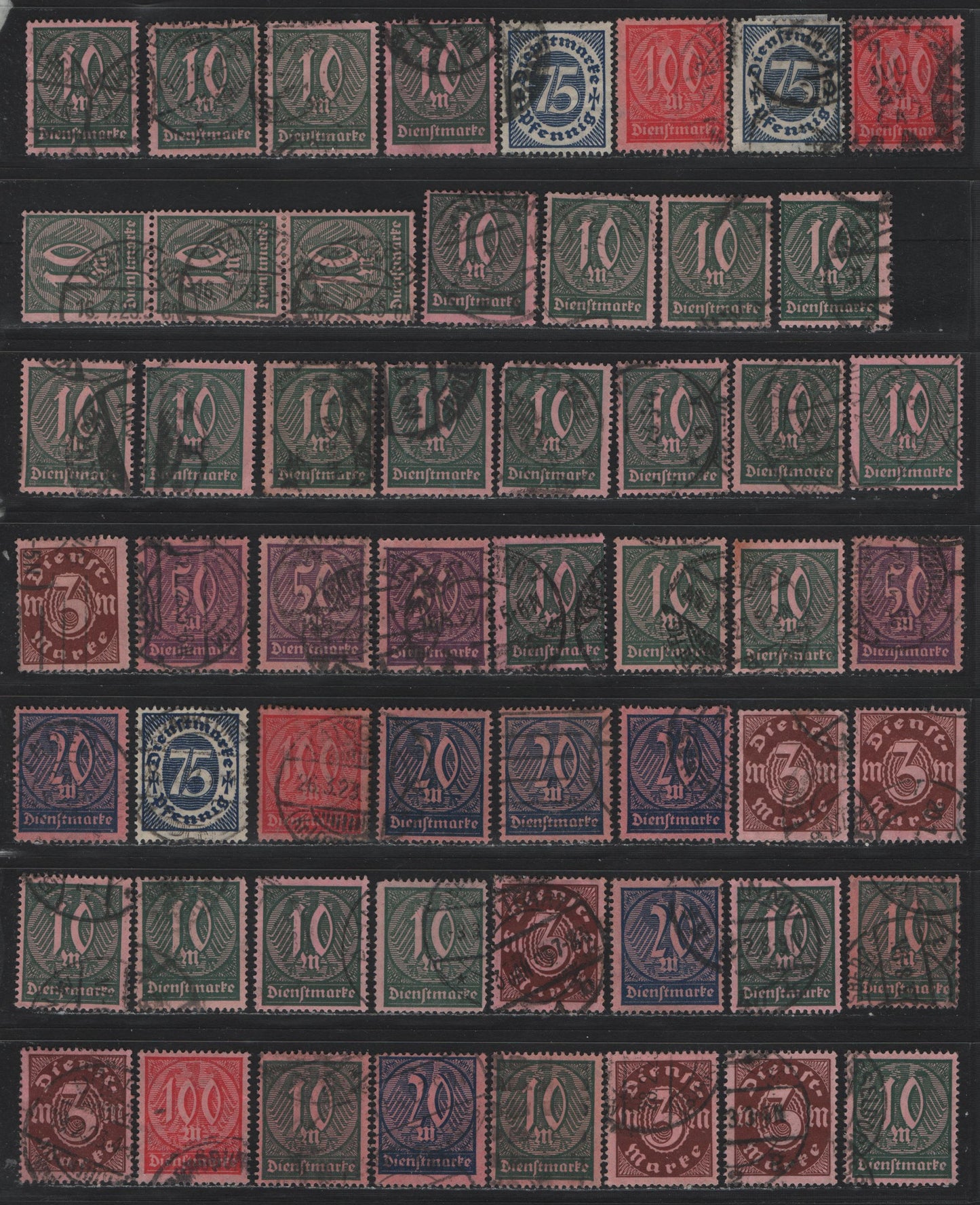 Lot 301 Germany SC#O14/O21 (69/74, 67-68a) 75pf - 100m Dark Blue - Rose Red on Rose , 1922-1923 Numeral & German Eagle Official Issue, Fine/Very Fine Used Singles, Posthumous, CTO or Forged Cancels