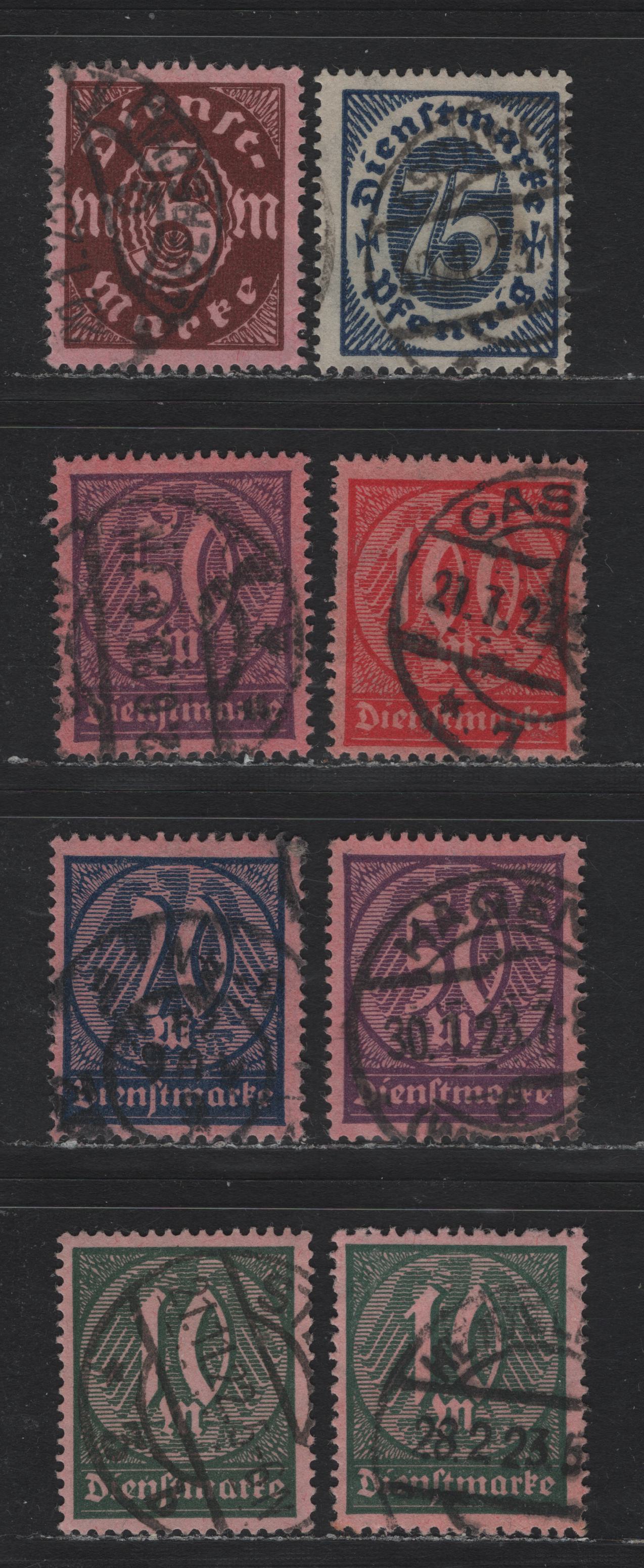 Lot 302 Germany SC#O14, O16-O17, O19-O21 75pf - 100m Dark Blue - Rose Red on Rose , 1922-1923 Numeral & German Eagle Official Issue, Fine/Very Fine Used Singles, Postally Used Examples, Two Shades Of 50m