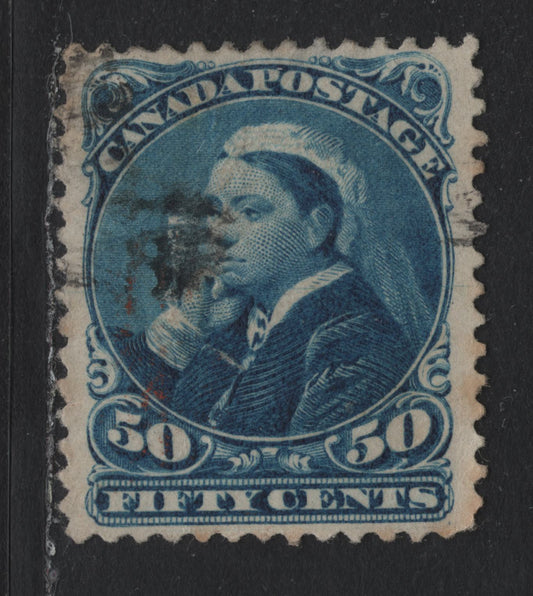Lot 36 Canada #47 50c Deep Blue Queen Victoria, 1888-1897 Small Queen Issue, A Fine Used Single, 2O-I Paper, Perf 12, Some Very Minor Wrinkles.