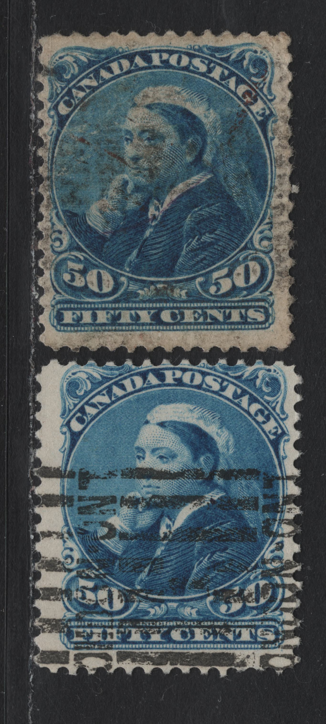 Lot 38 Canada #47 50c Blue Queen Victoria, 1888-1897 Small Queen Issue, 2 Good Used Singles, 2O-J & 2O-EE Paper, Perf 12, Heavy Horizontal Crease On 2O-J Paper.