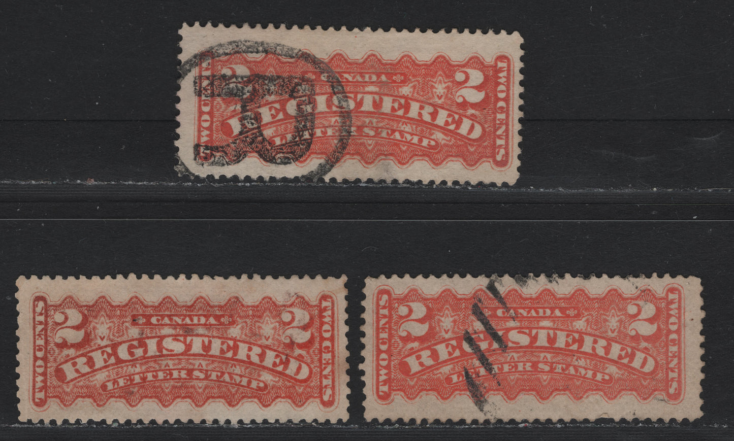 Lot 41 Canada #F1i 2c Orange Red & Dull Red Orange , 1875-1896 Registration Issue, 3 Fine Used Singles, Mid & Late Montreal Printings, Different Papers & Perfs