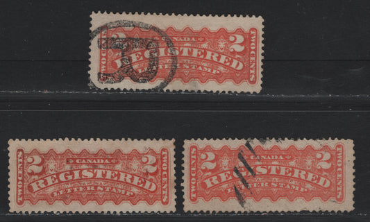 Lot 41 Canada #F1i 2c Orange Red & Dull Red Orange , 1875-1896 Registration Issue, 3 Fine Used Singles, Mid & Late Montreal Printings, Different Papers & Perfs