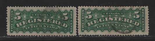 Lot 48 Canada #F2 5c Dark Green , 1875-1896 Registration Issue, 2 Fine/Very Fine Used Singles, 2nd Ottawa Printings, Soft Vertical Wove Paper With Coarse Mesh, Perfs 12.2x12 & 12.2x12.1.