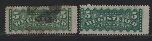 Lot 50 Canada #F2a, F2i 5c Green & Blue Green , 1875-1896 Registration Issue, 2 Fine Used Singles, 2nd Ottawa Printings, Soft Vertical Wove papers, Perf 12.1.