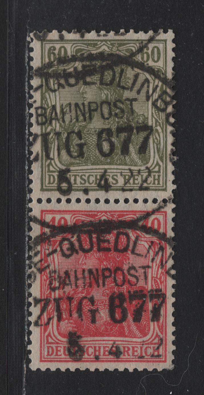 Lot 52 Germany SC#124, 126 (Michel# S23) 40pf - 60pf Carmine Rose - Olive Green , 1920 Germania Issue, A Very Fine Used Se-Tenant Booklet Pair, Railway Post Cancel