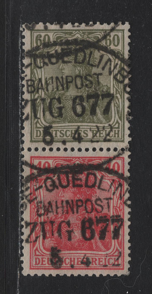 Lot 52 Germany SC#124, 126 (Michel# S23) 40pf - 60pf Carmine Rose - Olive Green , 1920 Germania Issue, A Very Fine Used Se-Tenant Booklet Pair, Railway Post Cancel