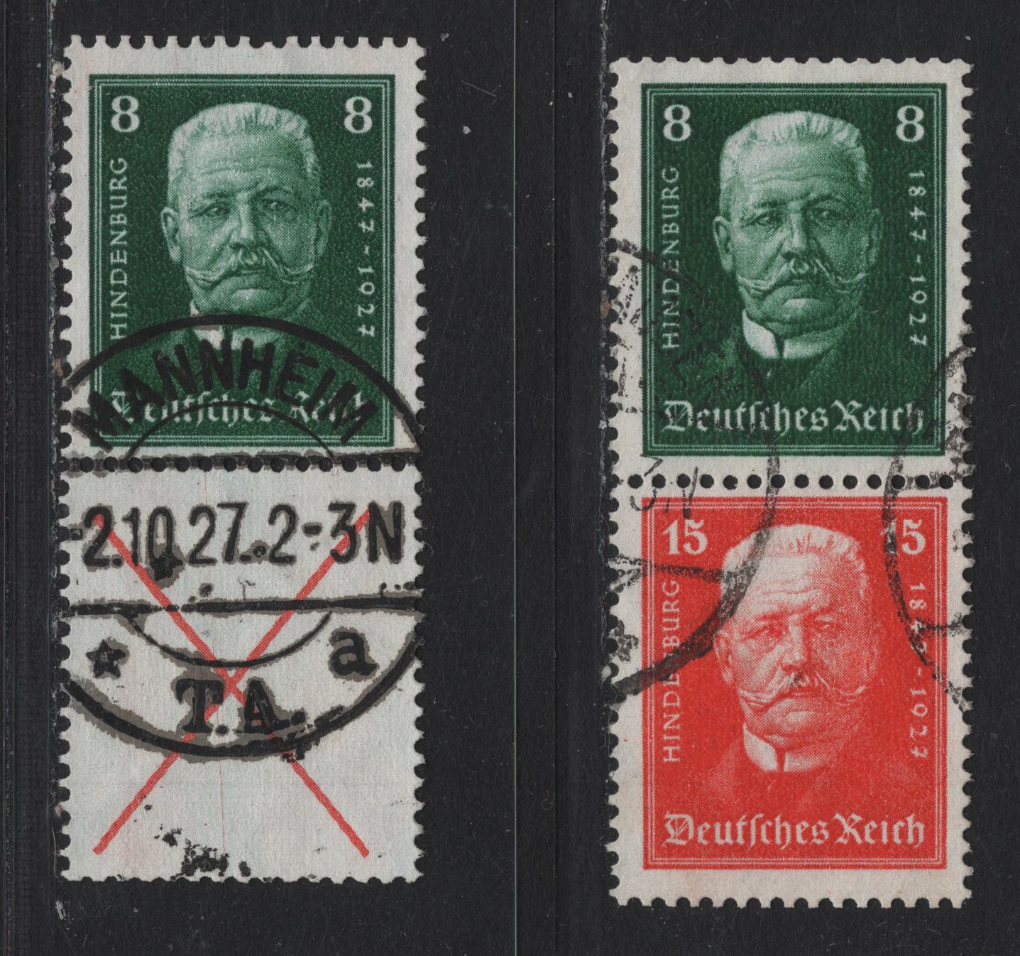 Lot 54 Germany SC#B19-B20 (S36-S37) 8pf - 15pf Dark Green - Scarlet , 1927 80t Birthday Of President Hindenburg Semi Postal Issue, 2 Fine Used Vertical Booklet Pairs, Feb 15 1930 & September 26 1929 Hannover & Hagen Cancels