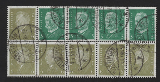 Lot 56 Germany SC#368d 5pf - 6pf Green - Light Olive Green , 1928-1932 Ebert & Hindenburg Definitives, A Fine Used Booklet Pane Of 10, Cancelled With May 5 1933 Nurtigen Cancel Strikes