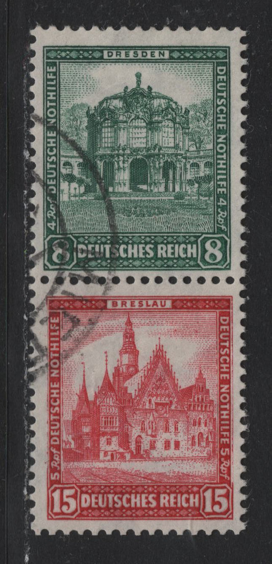 Lot 61 Germany SC#B38-B39 (S88) 8pf+4pf - 15pf+5pf Dark Green - Carmine , 1931 Charity Semi Postal Issue, A Very Fine Used Vertical Booklet Pair