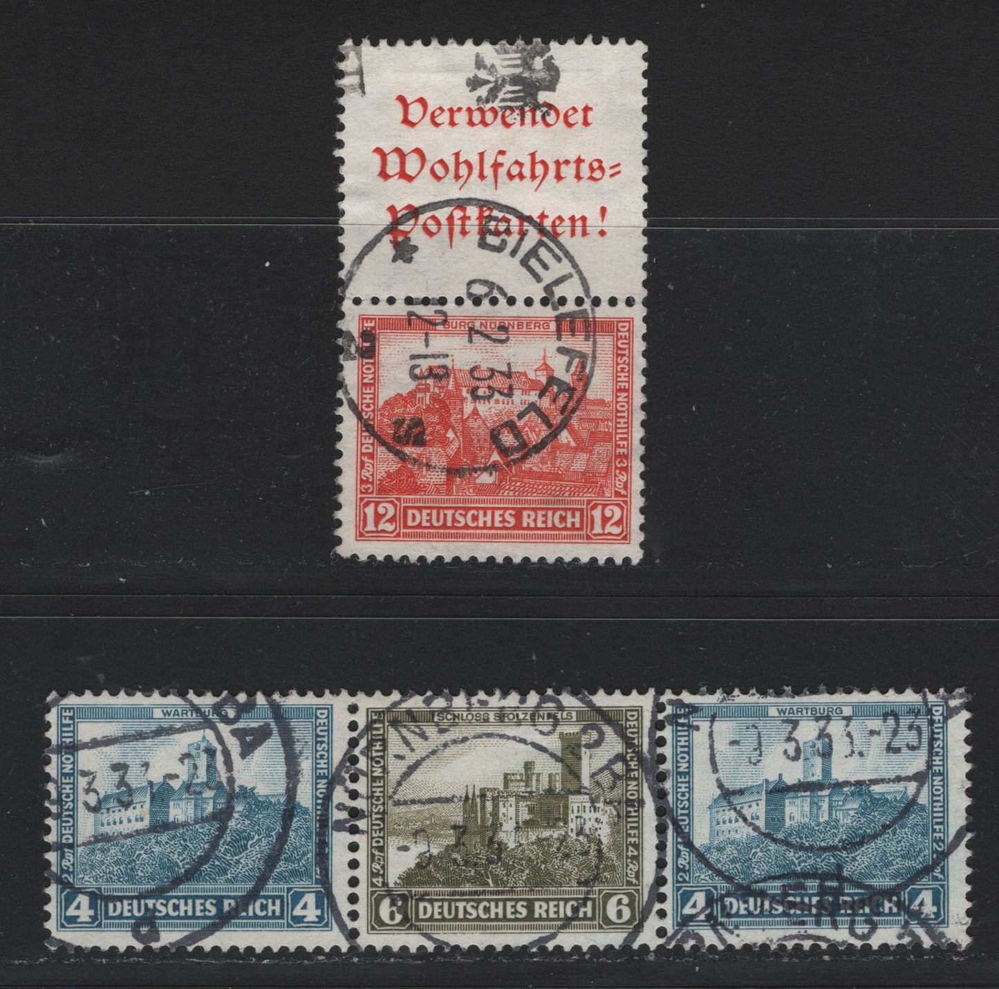 Lot 62 Germany SC#B44-B46 (S101,W44) 4pf+2pf - 12pf+3pf Light Blue - Light Red , 1932 Charity Semi Postal Issue, 2 Fine Used Vertical Stamp-Label Booklet Pair & Horiz Strip Of 3, February 6 1933 Bielefeld & March 9 1933 Nuremburg CDS Cancels