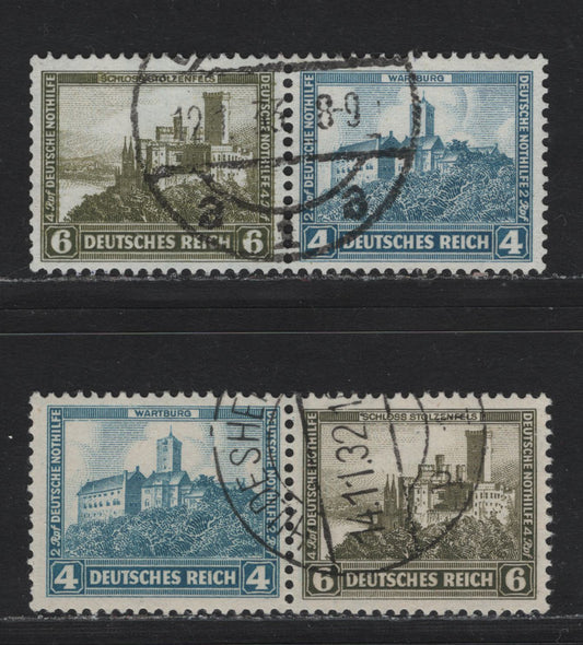 Lot 64 Germany SC#B44-B45 (W41, W43) 4pf+2pf - 6pf+4pf Light Blue - Green , 1932 Charity Semi Postal Issue, 2 Fine/Very Fine Used Horizontal Booklet Pairs