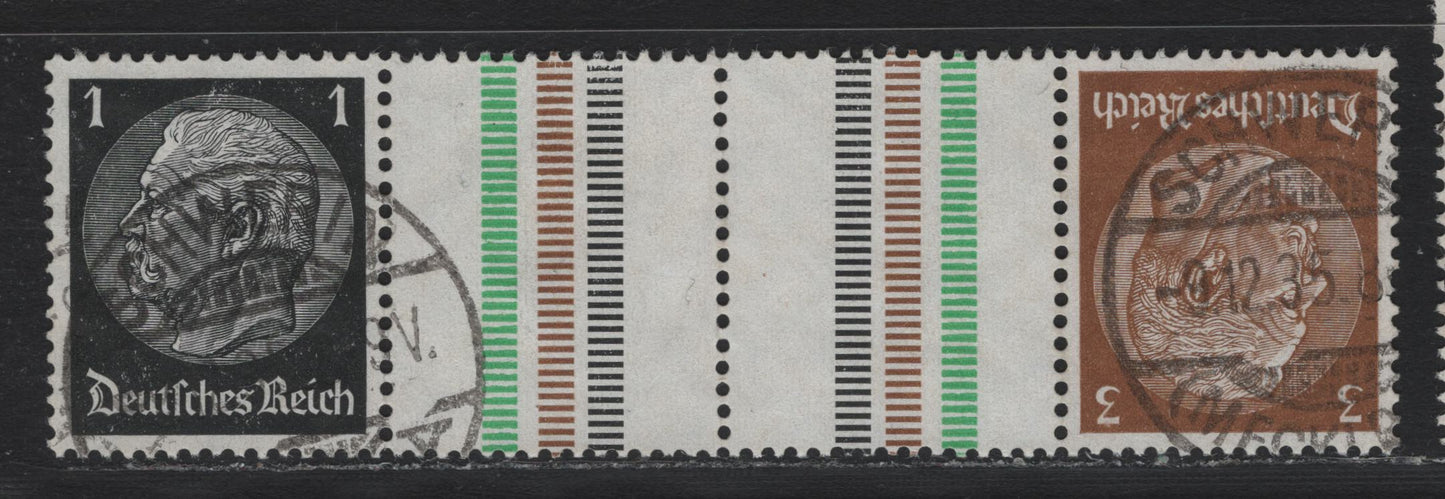Lot 68 Germany SC#415-416 (KZ20) 1pf - 3pf Black - Brown , 1933-1936 Hindenberg Issue, A Very Fine Used Booklet Gutter Tete-Beche Pair, Swastikas Wmk, December 9 1935 Schwerin CDS
