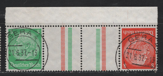 Lot 69 Germany SC#418, 420 (Kz21.1) 5pf - 8pf Bright Green - Orange , 1933-1936 Hindenberg Issue, A Very Fine Used Booklet Tete-Beche Gutter Pair, SON June 21 1937 Gera CDS