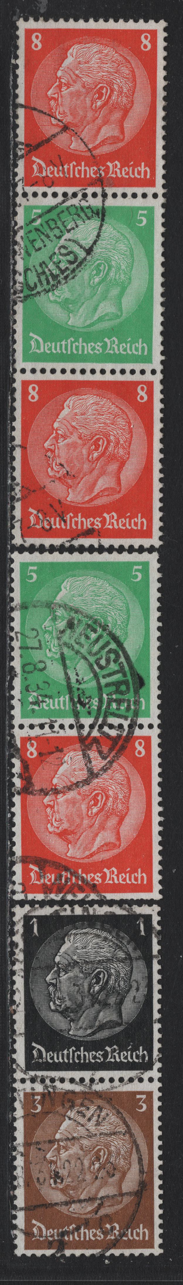 Lot 71 Germany SC#415-416, 418, 420 (S115, S119, S120) 1pf - 8pf Black - Orange , 1933-1936 Hindenberg Issue, 4 Fine/Very Fine Used Vertical Booklet Pairs & Strip Of 3