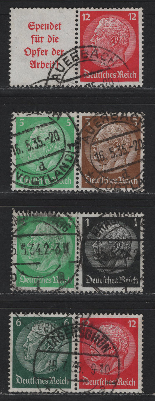 Lot 73 Germany SC#415-416, 418-419, 422 (W59-W62) 1pf - 12pf Black - Deep Carmine , 1933-1936 Hindenberg Issue, 5 Fine/Very Fine Used Horizontal Booklet Pairs, May 16 1935 Averbach, July 15 1935 Jaeyersgrun & May 5 1934 Brawnserg Cancels