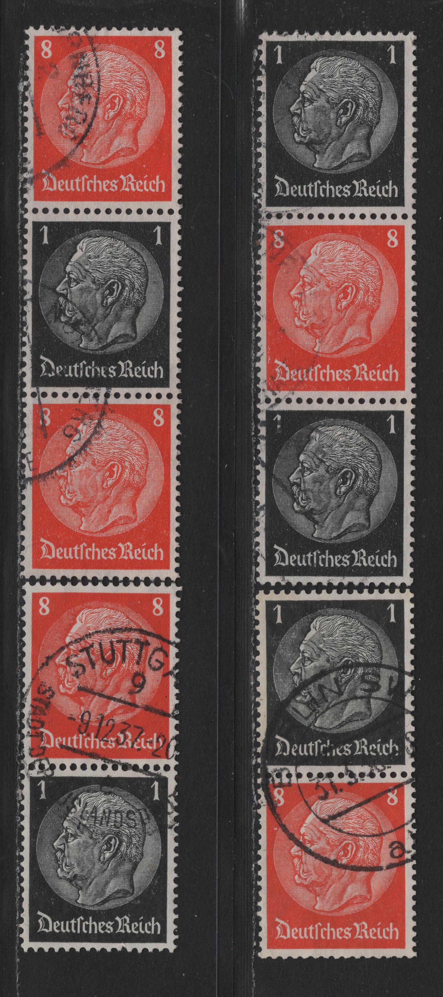 Lot 78 Germany SC#415, 420 (S135-S138) 1pf - 8pf Black - Orange , 1933-1936 Hindenberg Issue, 3 Very Fine Used Vertical Booklet Pairs & Strips, Complete For All Configurations Of These Two Values