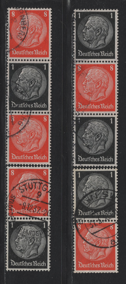 Lot 78 Germany SC#415, 420 (S135-S138) 1pf - 8pf Black - Orange , 1933-1936 Hindenberg Issue, 3 Very Fine Used Vertical Booklet Pairs & Strips, Complete For All Configurations Of These Two Values