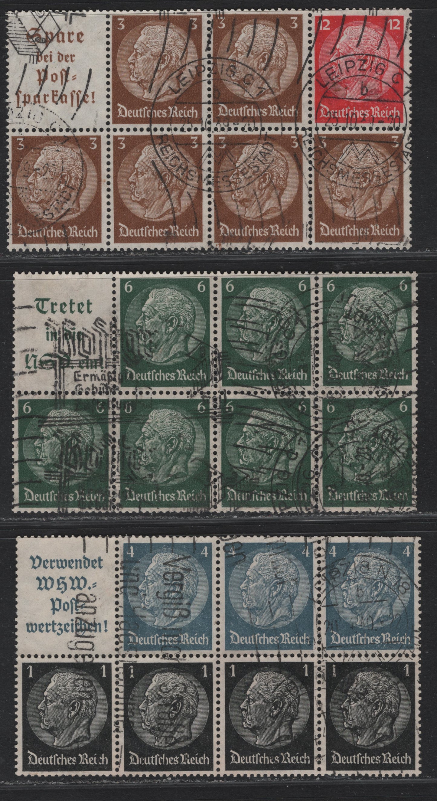 Lot 80 Germany SC#415a, 416c, 419b (93B, 94B, 96B) 1pf - 12pf Black - Carmine, 1933-1936 Hindenberg Issue, 3 Fine/Very Fine UsedBooklet Panes Of 7+Label
