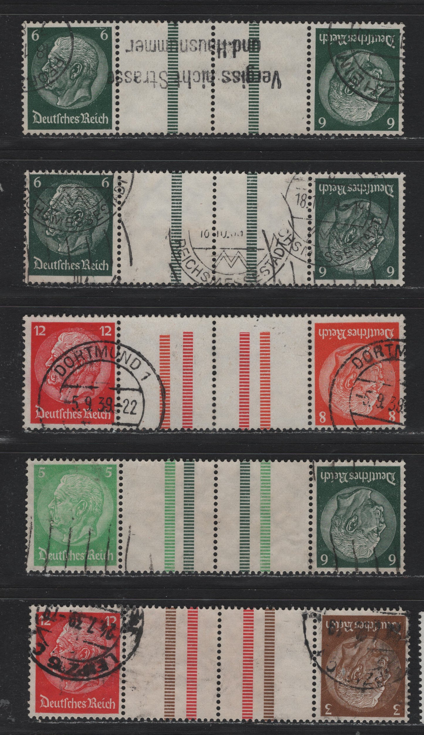 Lot 81 Germany SC#416, 418-420, 422 (Kz22.3, 22.4, KZ31-33) 3pf - 12pf Brown - Carmine, 1933-1936 Hindenberg Issue, 5 Fine/Very Fine Used Tete-Beche Booklet Gutter Pairs, Two 6pf Pairs Having Different Spacings Between Vertical Bars (15mm & 16mm)