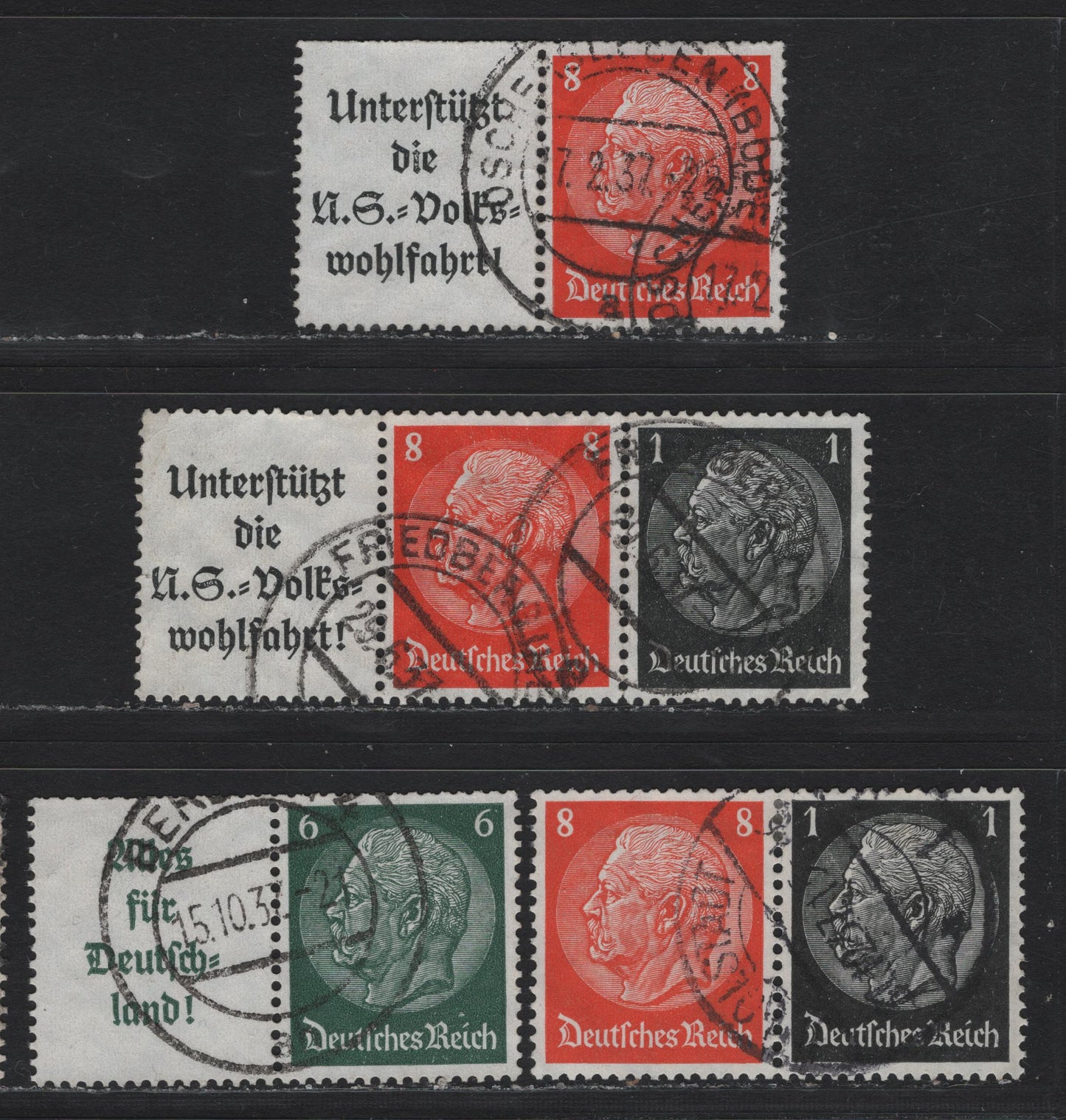 Lot 82 Germany SC#415, 419-420 (W63-W66) 1pf - 8pf Black - Orange , 1933-1936 Hindenberg Issue, 4 Fine/Very Fine Used Horizontal Booklet Pairs+Label & Label-Stamp-Stamp Booklet Strips, 8pf Stamp In Strip Has An Internal Diagonal Crease