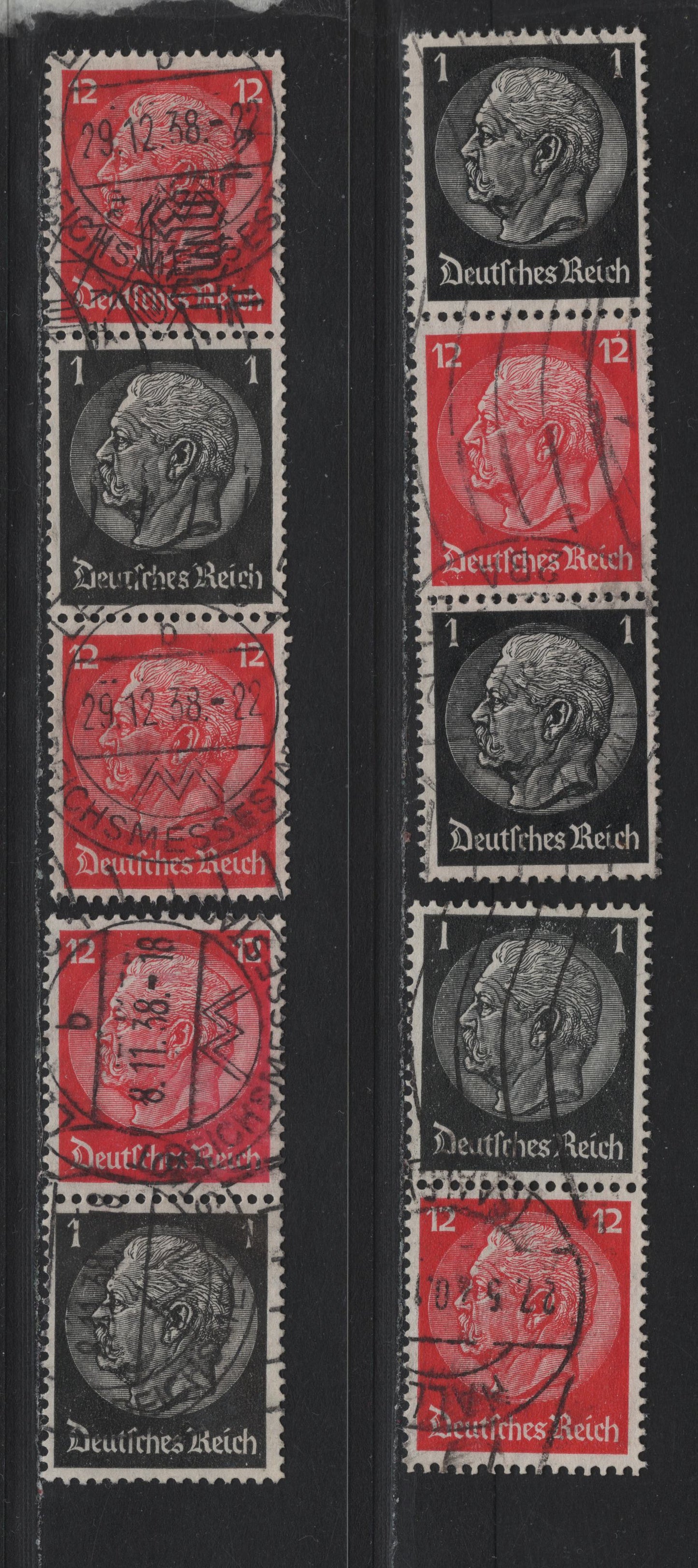 Lot 85 Germany SC#415, 422 (S147-S150) 1pf - 12pf Black - Carmine , 1933-1936 Hindenberg Issue, 4 Fine/Very Fine Used Vertical Booklet Pairs & Strips
