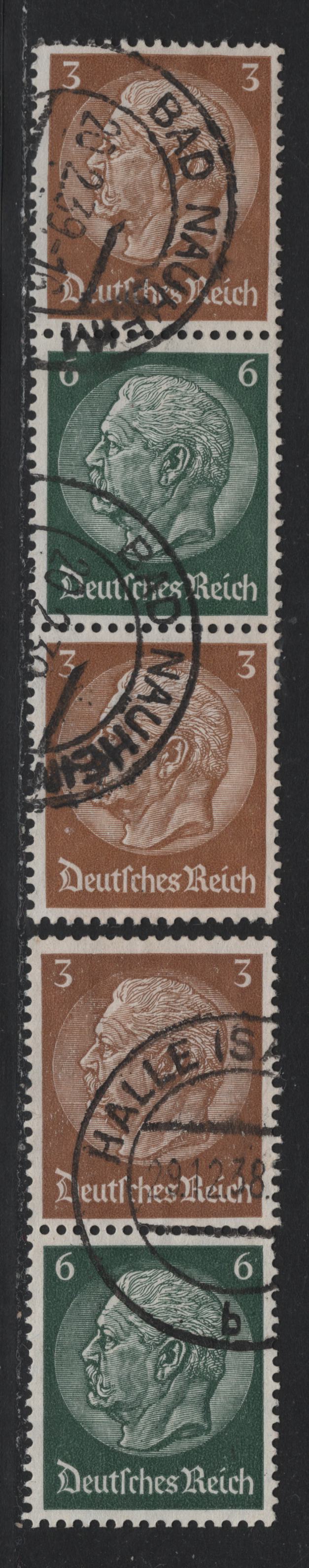 Lot 86 Germany SC#416, 419 (S151-S152) 3pf - 6pf Brown - Dark Green , 1933-1936 Hindenberg Issue, 2 Very Fine Used Vertical Booklet Pair & Strip Of 3