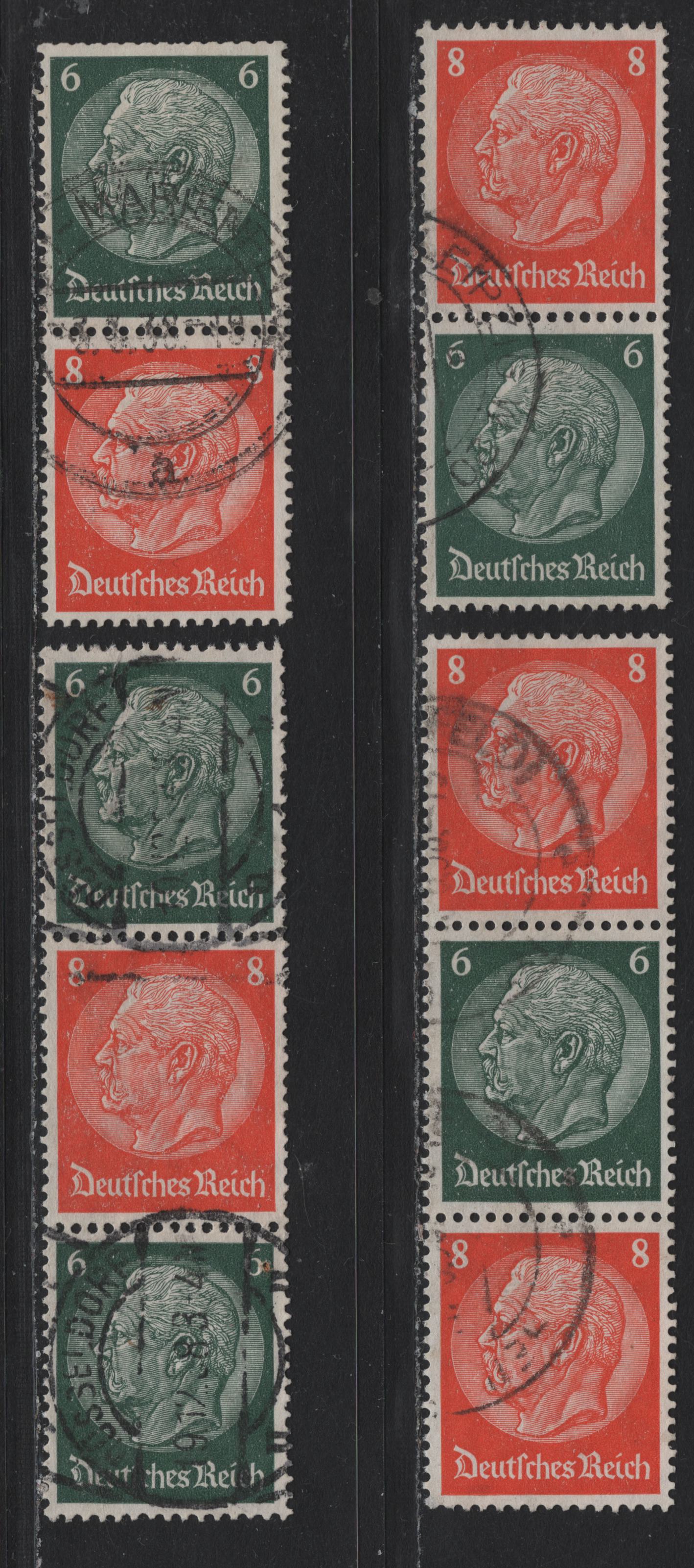 Lot 87 Germany SC#419-420 (S159-S162) 6pf - 8pf Dark Green - Orange , 1933-1936 Hindenberg Issue, 4 Fine/Very Fine Used Vertical Booklet Pairs & Strips Of 3