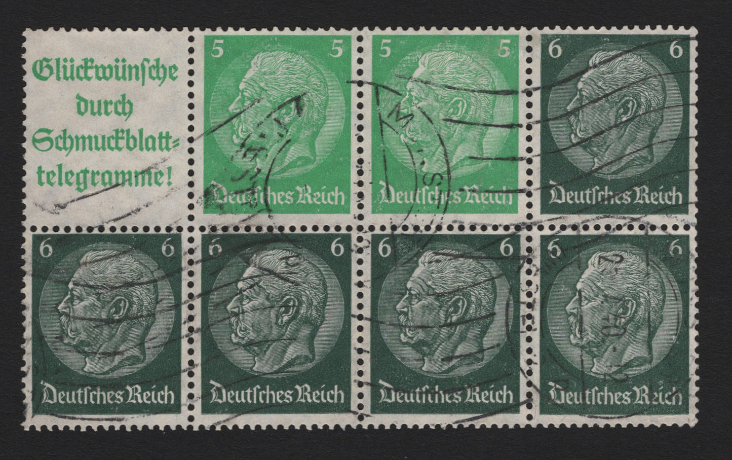 Lot 90 Germany SC#418-419 5pf - 6pf Emerald - Dark Green , 1933-1936 Hindenberg Issue, A Fine Used Booklet Pane Of 7+Label