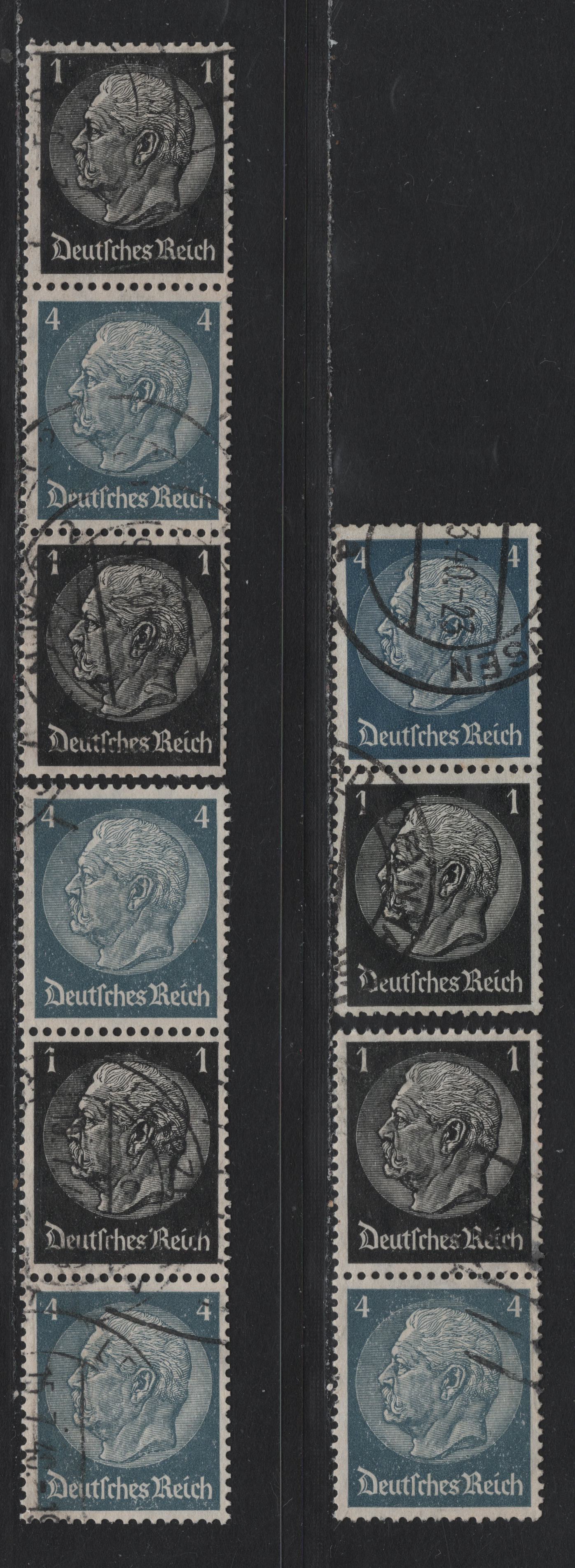 Lot 93 Germany SC#415, 417 (S171-S174) 1pf - 4pf Black - Gray Blue , 1933-1936 Hindenberg Issue, 4 Fine/Very Fine Used Vertical Booklet Pairs & Strips, Representing All Configurations Of These Stamps