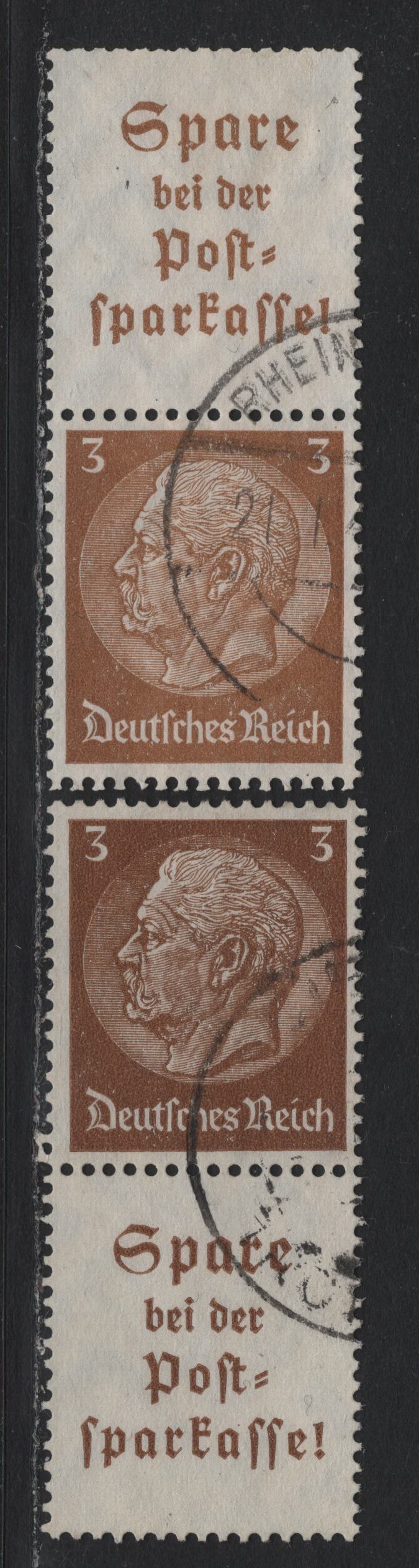 Lot 94 Germany SC#416 (S175, S177) 3pf Brown , 1933-1936 Hindenberg Issue, 2 Fine/Very Fine Used Vertical Stamp-Label & Label-Stamp Pair