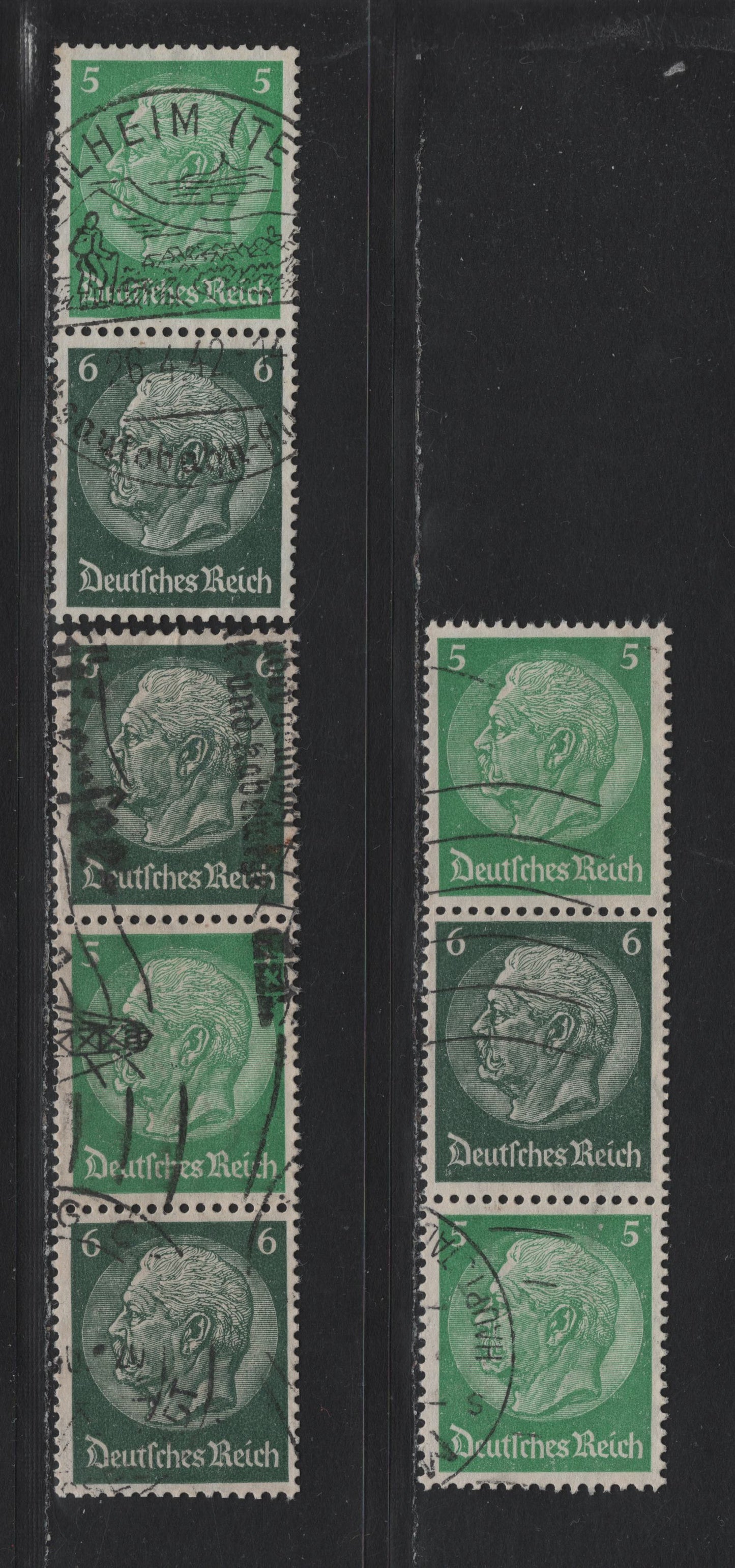 Lot 98 Germany SC#418-419 (S187-188, S190) 5pf - 6pf Emerald - Dark Green , 1933-1936 Hindenberg Issue, 3 Fine/Very Fine Used Vertical Booklet Pair & Strips Of 3