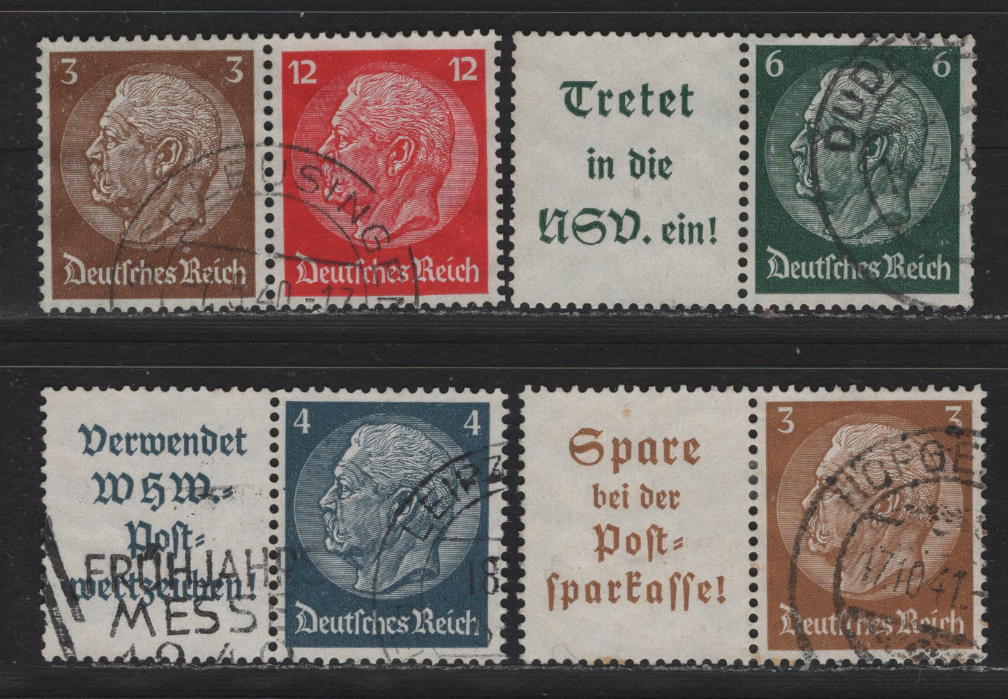 Lot 99 Germany SC#416-417, 419, 422 (W78-W81) 3pf - 12pf Brown - Carmine , 1933-1936 Hindenberg Issue, 4 Fine/Very Fine Used Horizontal Label-Stamp & Stamp-Stamp Booklet Pairs