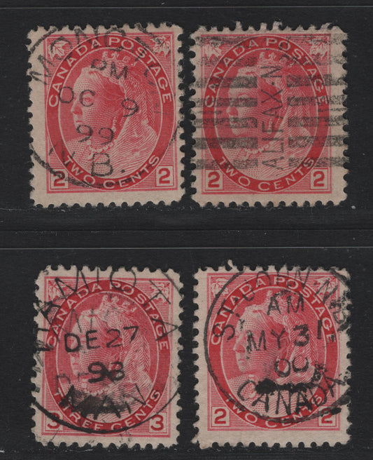 Lot 110 Canada #77-a, 78 2c - 3c Carmine Rose - Carmine Queen Victoria, 1898-1902 Numeral Issue, 4 Fine/Very Fine Used Singles, Selection of Cancellations On Various Papers