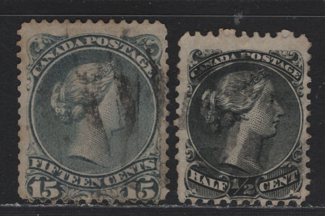 Lot 11 Canada #21a, 30a 1/2c - 15c Black - Slate Queen Victoria, 1868-1876 Large Queen Issue, 2 Good/Very Good Used Singles, Perfs 11.6x12 (1/2c) & 12 (15c), Vertical Wove Paper, Unchecked As To Specific Type.
