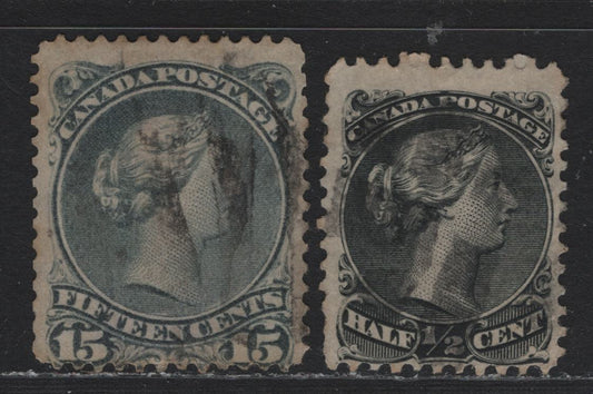 Lot 11 Canada #21a, 30a 1/2c - 15c Black - Slate Queen Victoria, 1868-1876 Large Queen Issue, 2 Good/Very Good Used Singles, Perfs 11.6x12 (1/2c) & 12 (15c), Vertical Wove Paper, Unchecked As To Specific Type.