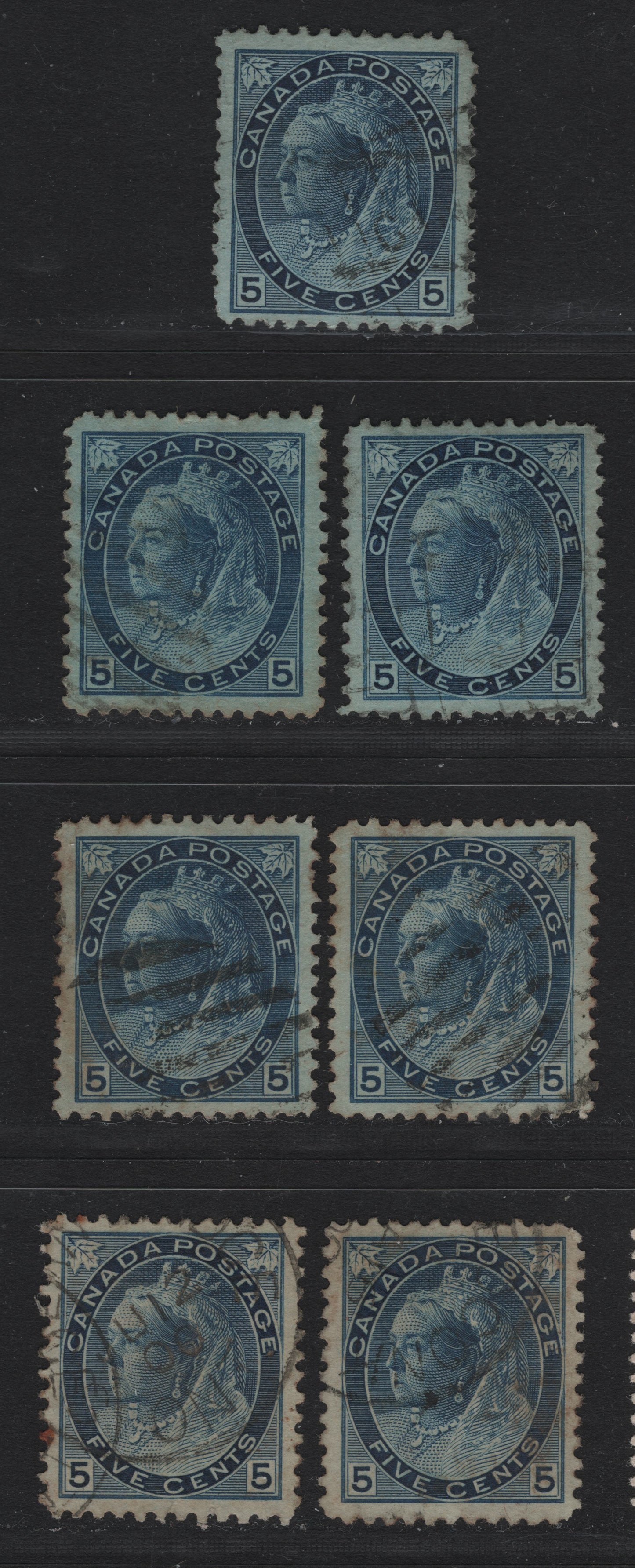 Lot 111 Canada (C) #79,b 5c Blue Queen Victoria, 1898-1902 Numeral Issue, 7 Very Fine used Singles, ABN-SS, ABN-UUUU & ABN-VVVV Papers, Perfs 12, 11.9x12 & 12.11.9, Some Shade Differences.