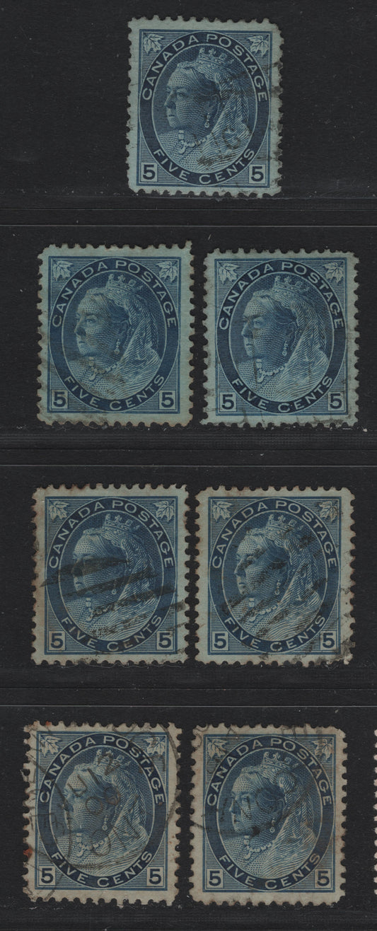Lot 111 Canada (C) #79,b 5c Blue Queen Victoria, 1898-1902 Numeral Issue, 7 Very Fine used Singles, ABN-SS, ABN-UUUU & ABN-VVVV Papers, Perfs 12, 11.9x12 & 12.11.9, Some Shade Differences.