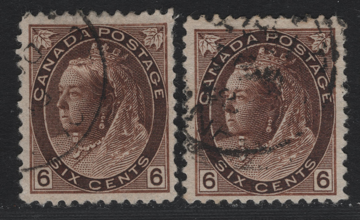 Lot 116 Canada #80 6c Dark Yellow Brown Queen Victoria, 1898-1902 Numeral Issue, 2 Fine Used Singles, ABN-Y & ABN-RR Papers, Perfs 12 & 11.9, Some Short Perfs On ABN-Y & Perf 12 Along The Right Side.