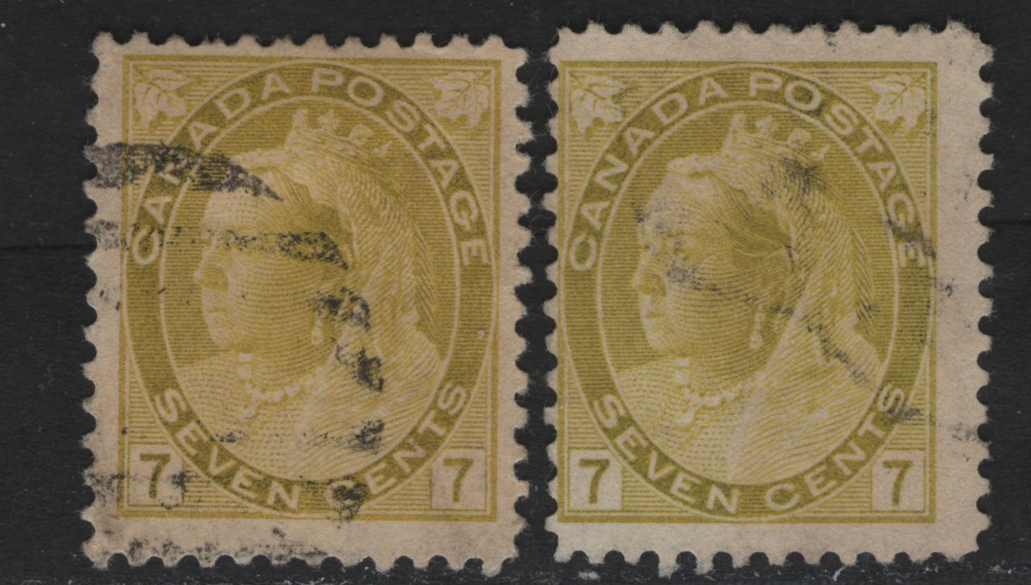 Lot 119 Canada #81 7c Dull Greenish Yellow - Deep Bright Greenish Yellow Queen Victoria, 1898-1902 Numeral Issue, 2 Very Good/Fine Used Singles, ABN-A & ABN-X Papers, Perf 12, Light Diagonal Bend On ABN-A Paper.