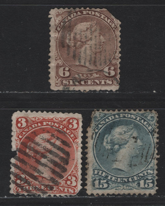 Lot 12 Canada #25, 27v, 30b 3c - 15c Red - Blue Gray Queen Victoria, 1868-1876 Large Queen Issue, 3 Ungraded Used Singles, Terrible Examples, Completely Unchecked As To Specific Paper Types or Perfs, All With Severe faults.