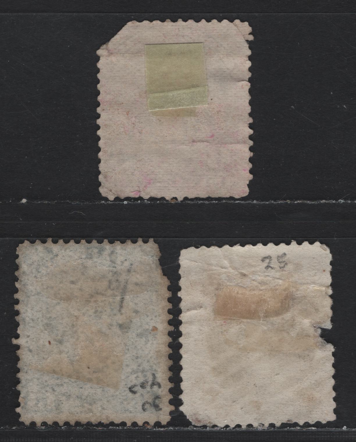 Lot 12 Canada #25, 27v, 30b 3c - 15c Red - Blue Gray Queen Victoria, 1868-1876 Large Queen Issue, 3 Ungraded Used Singles, Terrible Examples, Completely Unchecked As To Specific Paper Types or Perfs, All With Severe faults.