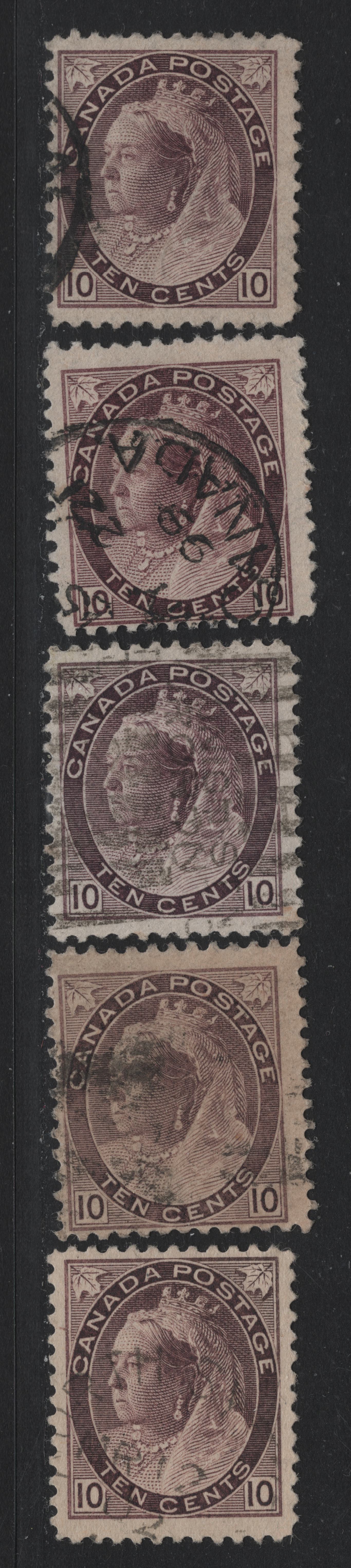 Lot 124 Canada #83 10c Brown Purple - Reddish Brown Purple Queen Victoria, 1898-1902 Numeral Issue, 5 Fine Used Singles, Various Papers & Perfs