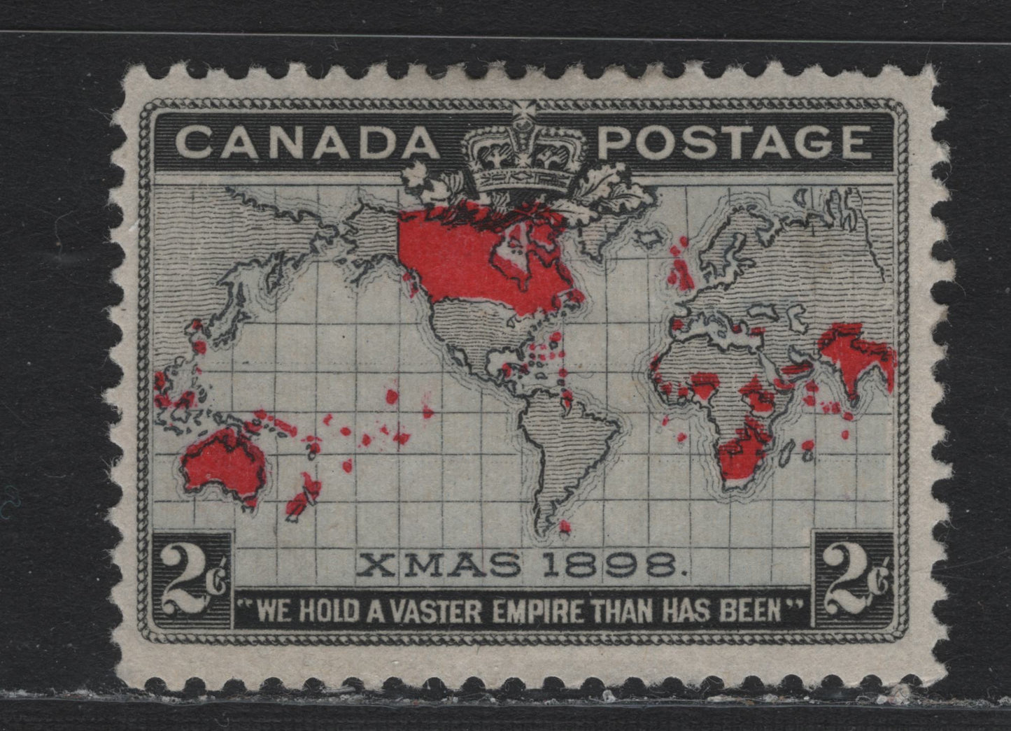 Lot 128 Canada #85 2c Black, Pale Purple & Aniline Red Mercator's Projection, 1898 Imperial Penny Postage Issue, A VFOG Single, ABN-AA Paper, Perf 12x11.9, Several Small Extra Islands.