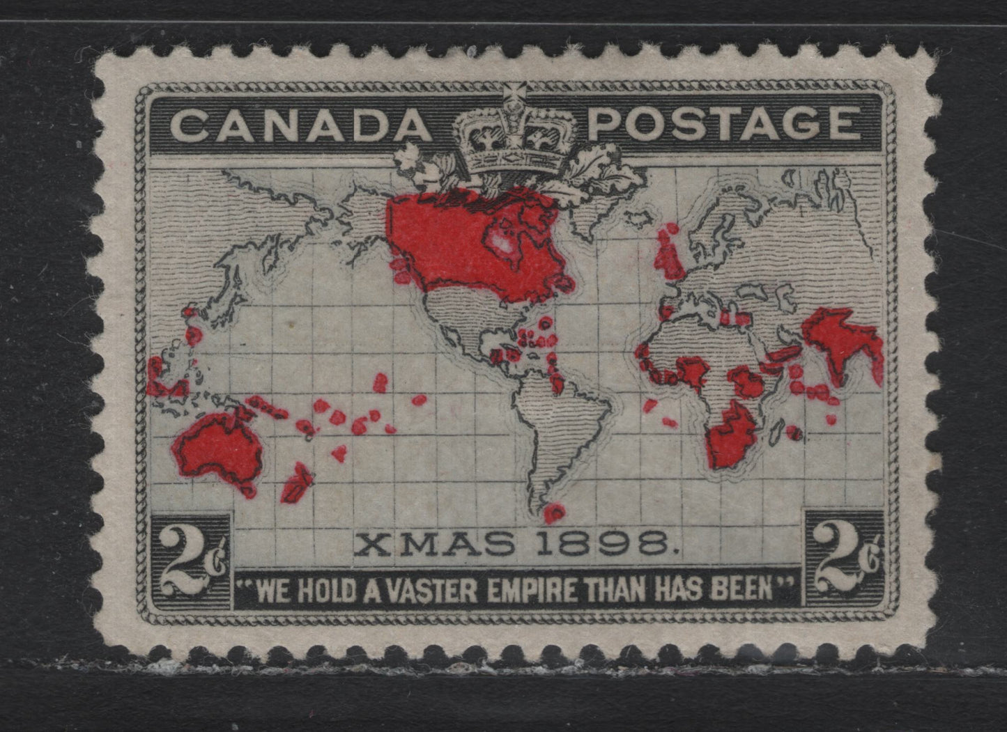 Lot 130 Canada #85i 2c Black, Lavender Gray & Aniline Red Mercator's Projection, 1898 Imperial Penny Postage Issue, A VFOG Single, ABN-A Paper, Perf 12.05x12, Dotted Line Of Latitude Above Equator.