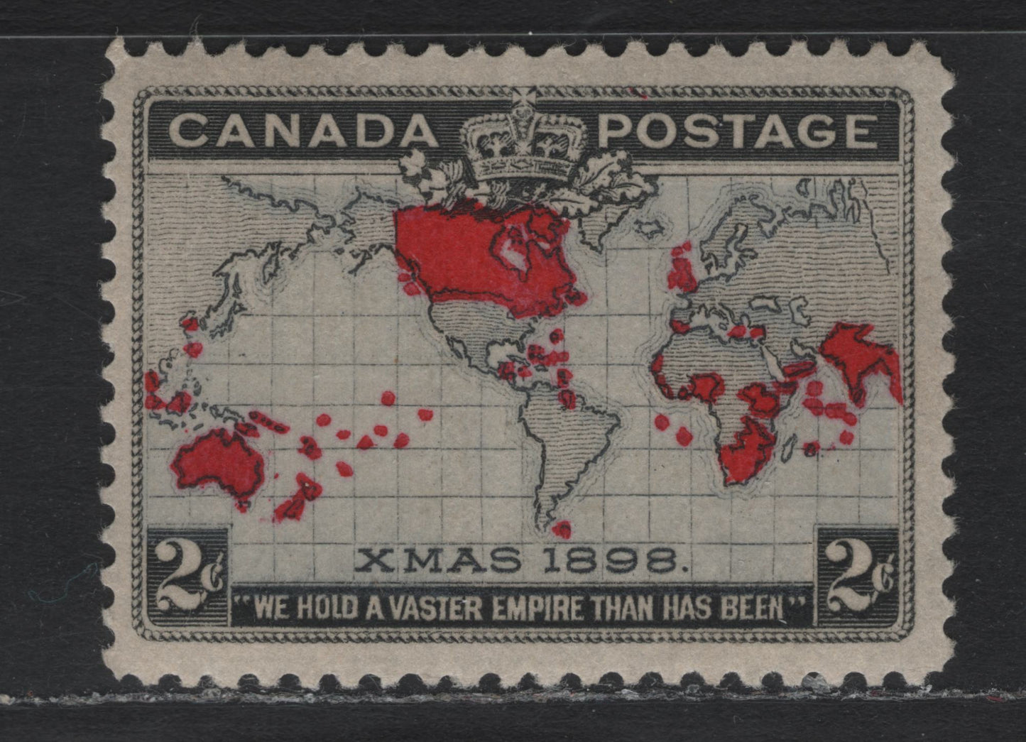 Lot 131 Canada #85i 2c Black, Lavender Gray & Aniline Red Mercator's Projection, 1898 Imperial Penny Postage Issue, A FNH Single, ABN-A Paper, Perf 11.95, Vertical Crease That Does Not Show From The Front.