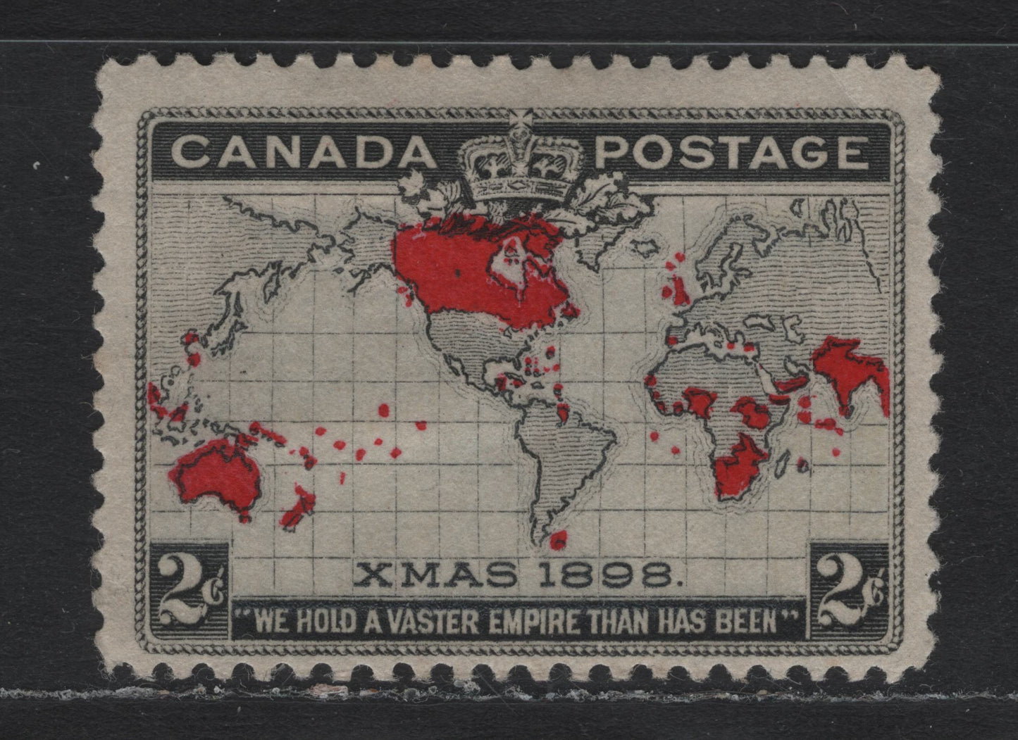 Lot 132 Canada #85i 2c Black, Gray & Aniline Red Mercator's Projection, 1898 Imperial Penny Postage Issue, A VGOG Single, ABN-X Paper, Perf 12, Light Corner Crease At UR.